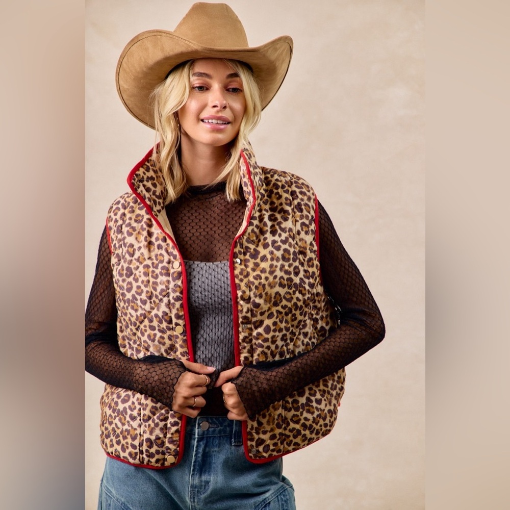 BiBi Leopard Print Piping Detail Quilted Vest